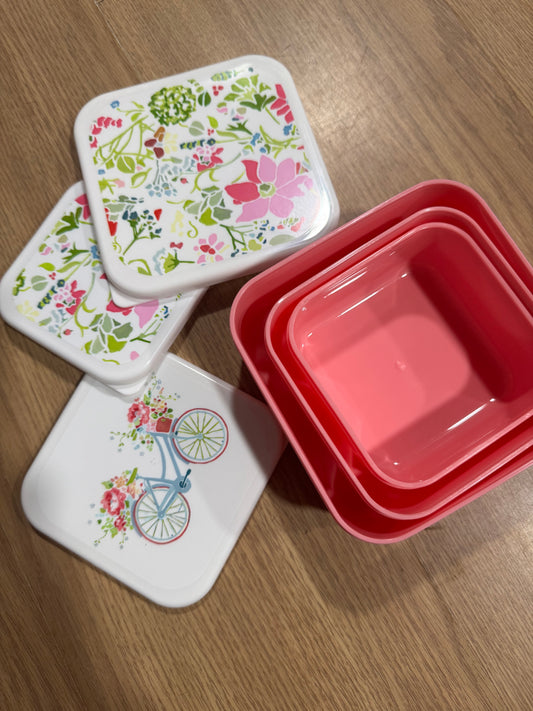 Set of 3 Children’s Lunch Boxes – Pink Botanical Design – M/L/XL Nesting Food Containers