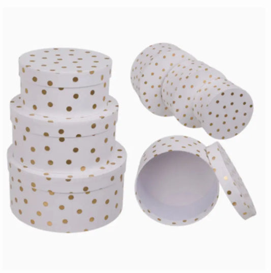 White coloured round gift box with golden dots, Bitu Gift Shop