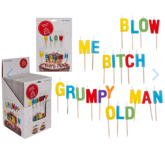 Birthday candle, "Blow me Bitch"/"Grumpy old man", Bitu Gift Shop