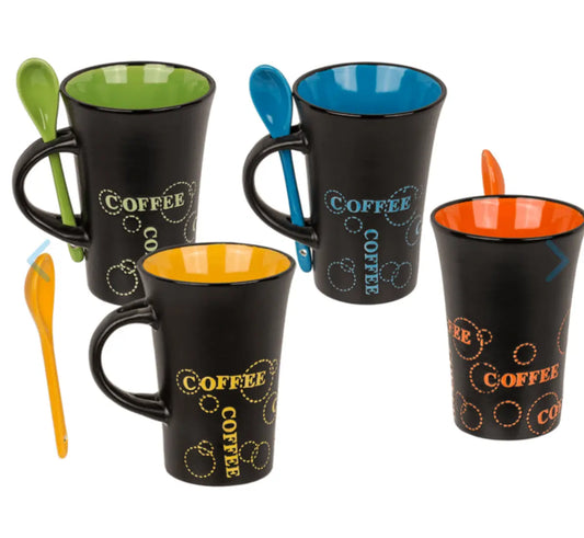 Black Ceramic Mug with spoon, Coffee, Bitu Gift Shop