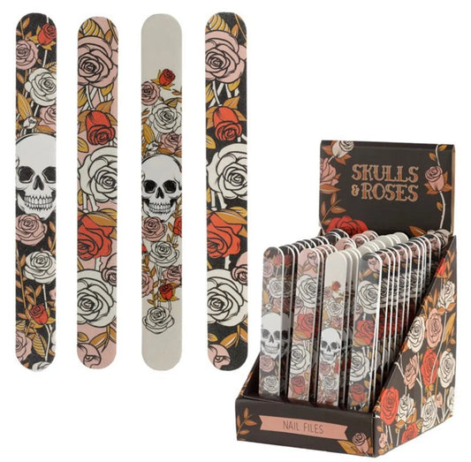 Skulls and Roses Nail File featuring a gothic-inspired design with skulls and roses. Dual-grit for effective nail shaping and smoothing.