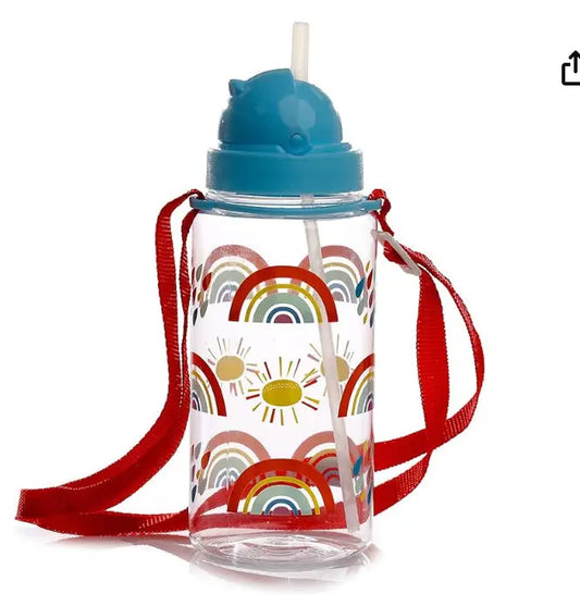 Somewhere Rainbow - Children's drink bottle with straw, reusable water bottle for girls and boys with a long strap attached, bisphenol A (BPA)-free, for daycare, design Bitu Gift Shop