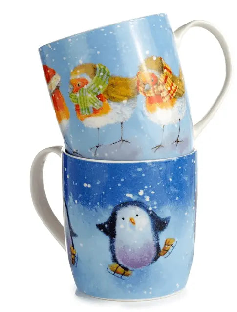Jan Pashley Christmas mugs featuring colorful robins and skating penguins, perfect for festive holiday sipping.