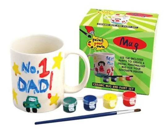 Customizable mug kit with paints and brush for creating personalized designs; perfect for gifts and DIY art projects.