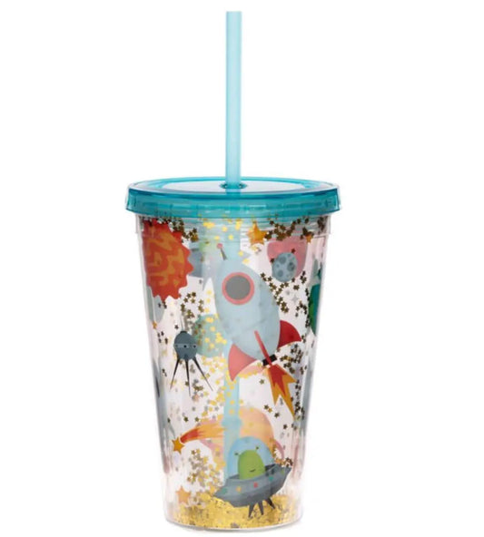 Double wall plastic cup with straw featuring colorful space-themed design and glitter.