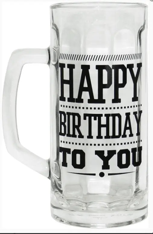 Clear beer mug with 'Happy Birthday to You' printed design, perfect for birthday celebrations and gift giving.