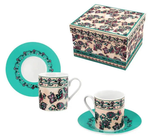 Hindi Set featuring two decorative cups and saucers in vibrant colors, packaged in a beautifully designed box.