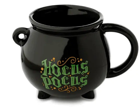 Hocus Pocus cauldron shaped ceramic mug with green lettering for magical coffee and tea brews.