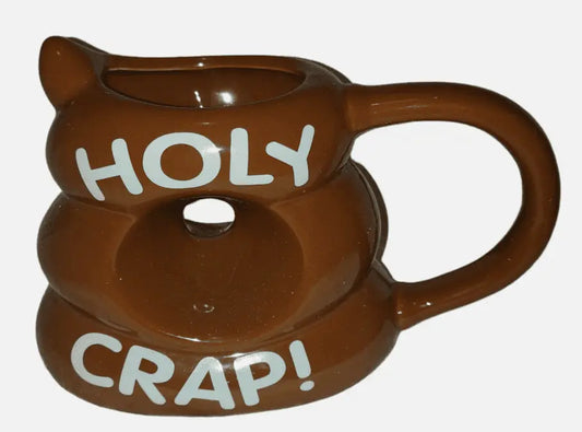 Funny Holy Crap Coffee Mug shaped like a poop emoji, perfect for humorous coffee lovers!