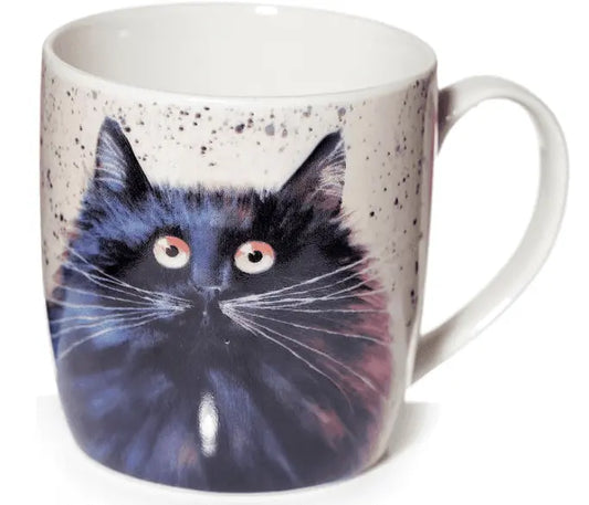Kim Haskins porcelain mug featuring a colorful cat design, perfect for tea or coffee enthusiasts.