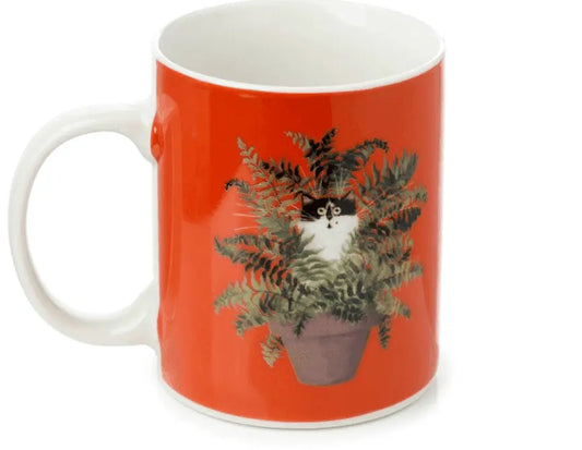 Kim Haskins red floral cat porcelain mug featuring a cute cat in a plant pot design, perfect for cat lovers.