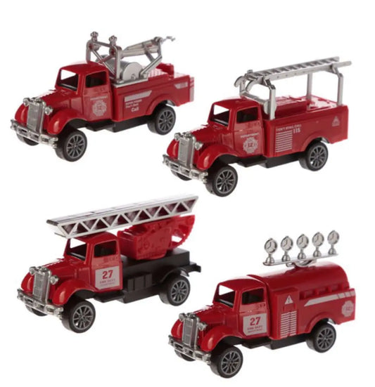 Mini Fire Truck Toy - Pull Back Action Toy set featuring four red vintage-style fire engines with ladders and hoses, ideal for kids and collectors.