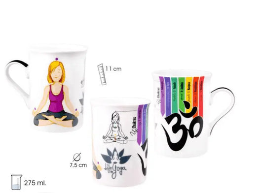 Three yoga-themed mugs featuring meditation designs, perfect for enjoying beverages during yoga practice.