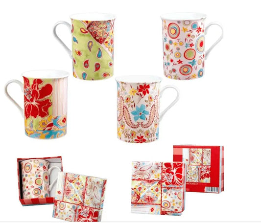 Colorful patterned mugs in a gift box, featuring floral and geometric designs, perfect for coffee or tea.
