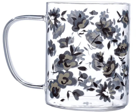 Peony Glass Coffee Mug with elegant blue and grey floral design, ideal for tea or coffee. Durable and stylish drinkware for kitchen or dining use.