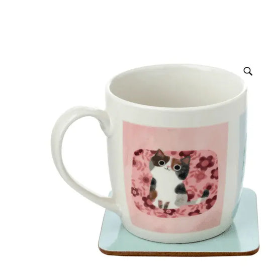 Porcelain Mug and Coaster - Cat Set by Angie Rozelaar featuring a cute calico cat illustration on a floral pink background. Ideal for cat lovers' kitchenware.