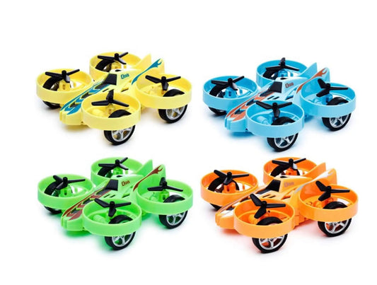 Propellor Car Friction Toy - High-Speed Fun in yellow, blue, green, and orange with quad-propeller design for push and pull racing action.