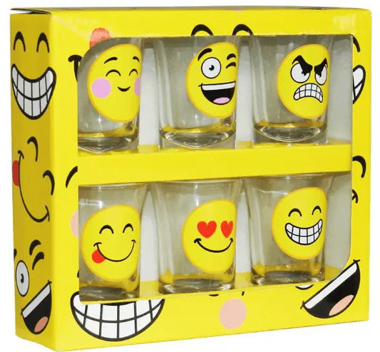 6 Shot Glass Set - Emotes Collection featuring playful emoji faces in a vibrant yellow box. Ideal for parties and fun gatherings.