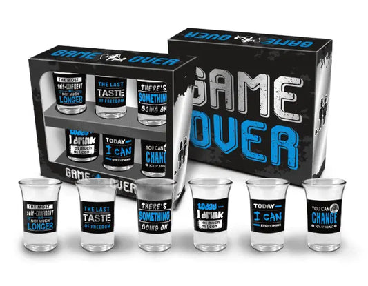 Set of 6 Game Over Shot Glasses with humorous quotes in black, blue, and white packaging. Ideal for parties, gifts, or bar collections.
