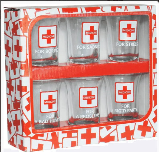 Set of 6 Medicine Shots - Medicine Shot Set in a red and white box with humorous labels like 'For Stress' and 'For Sadness'.