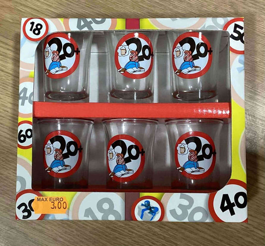 Set of 20th birthday shot glasses featuring cartoon design and '20+' print, ideal for party celebrations and gifting. Includes six glasses in a gift box.