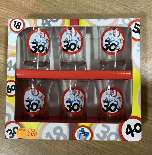 Set of 30th Birthday Shot Glasses featuring humorous cartoon designs in a colorful gift box, ideal for party celebrations and gifting.