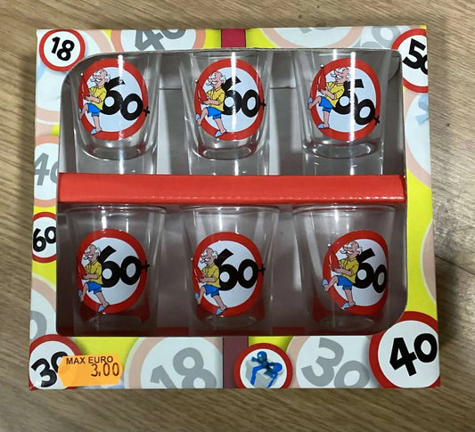 60th Birthday Glasses Set - Shot Set featuring six decorated shot glasses with humorous 60 speed limit and cartoon designs. Ideal milestone gift for parties.