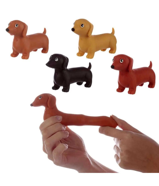 Squeezy Dachshund Dog Toy in assorted colors including black, brown, and yellow. Stretchy and squishy design ideal for stress relief and play.