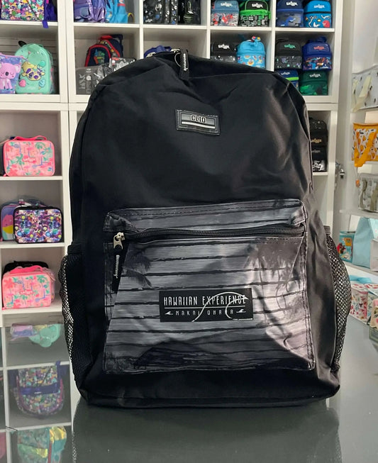 Youth Backpack Clio 17'' in black with front zip pocket and Hawaiian Experience patch, ideal for school or travel use.