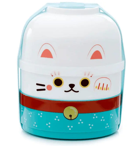 Round Bento Compartment Multicolor lunchbox with cute cat face design, ideal for kids and compact meal storage. Features stackable compartments and secure strap.