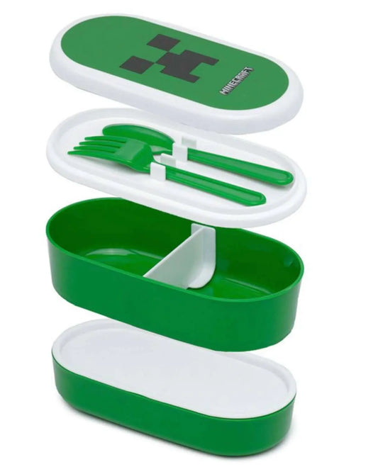 Minecraft Creeper Box - Bento Lunch Box Set with Utensils featuring stackable green containers, divider, and matching fork and spoon for kids' meals.