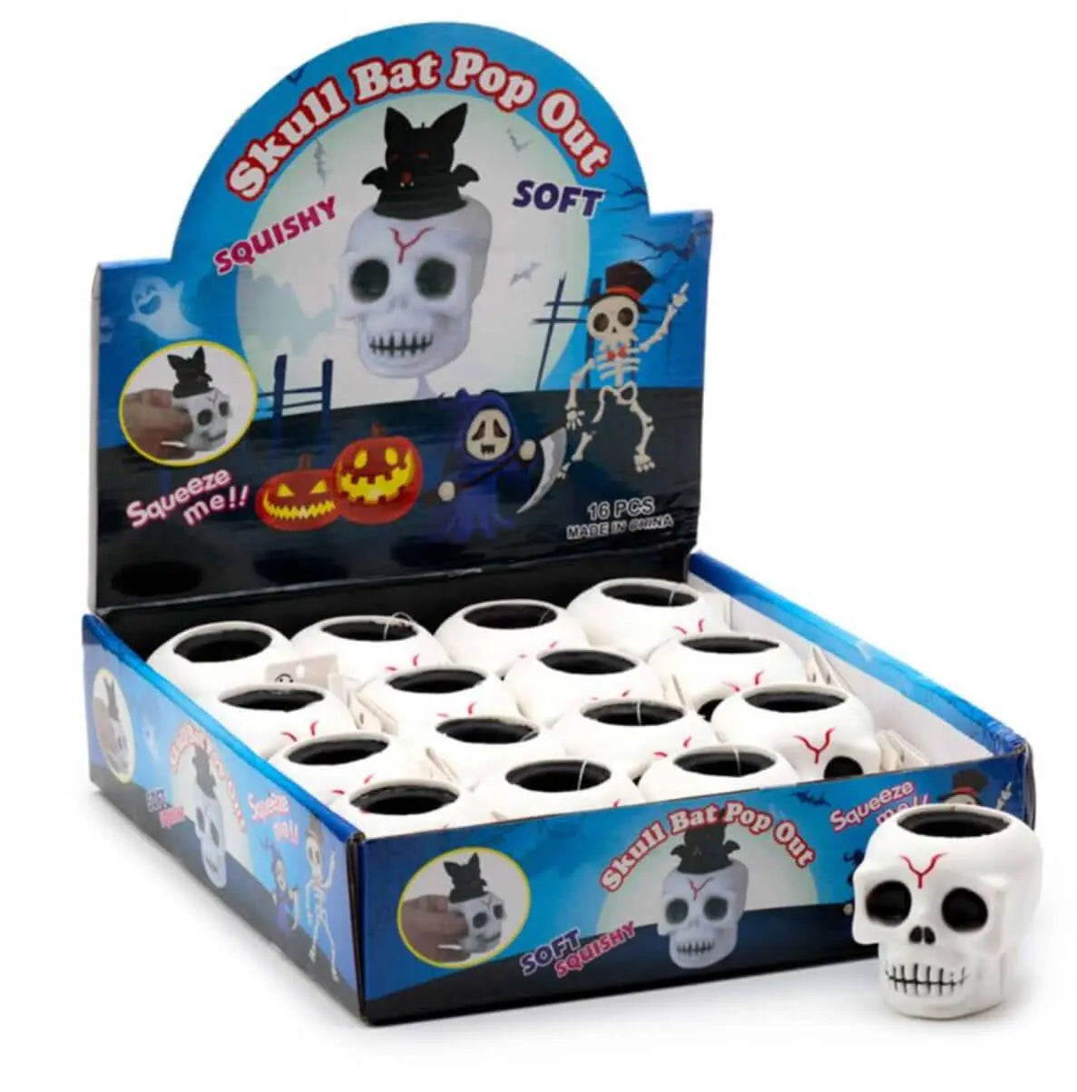 Elastic Skull Bat Toy display box featuring 12 soft, squishy skull toys with pop-out bats. Fun scrunchable play for kids and pets.