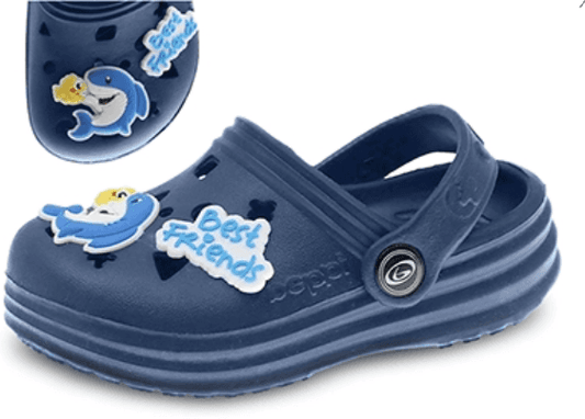 Navy blue baby clogs with heel strap featuring dolphin and 'Best Friends' decorations. Aromatic and supportive, ideal for toddlers sizes 20-25.
