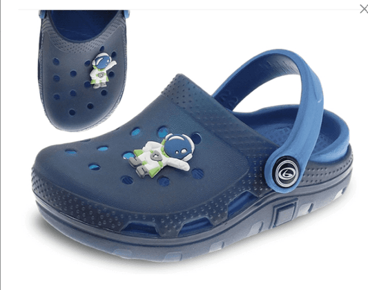 Astronaut Baby Clogs in navy blue with decorative rubber astronaut charm and adjustable heel strap. Ideal for toddler comfort and space-themed style.