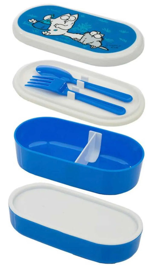 Simon's Cat Bento Box - Lunch Box with Fork & Spoon featuring a blue stackable design with cartoon cat lid, ideal for meals on-the-go.