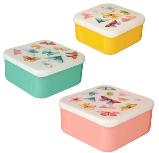 Set of 3 lunch box snack pots in M/L/XL sizes with colorful butterfly designs, ideal for Simon's Cat Bento Box lunch storage with fork and spoon.