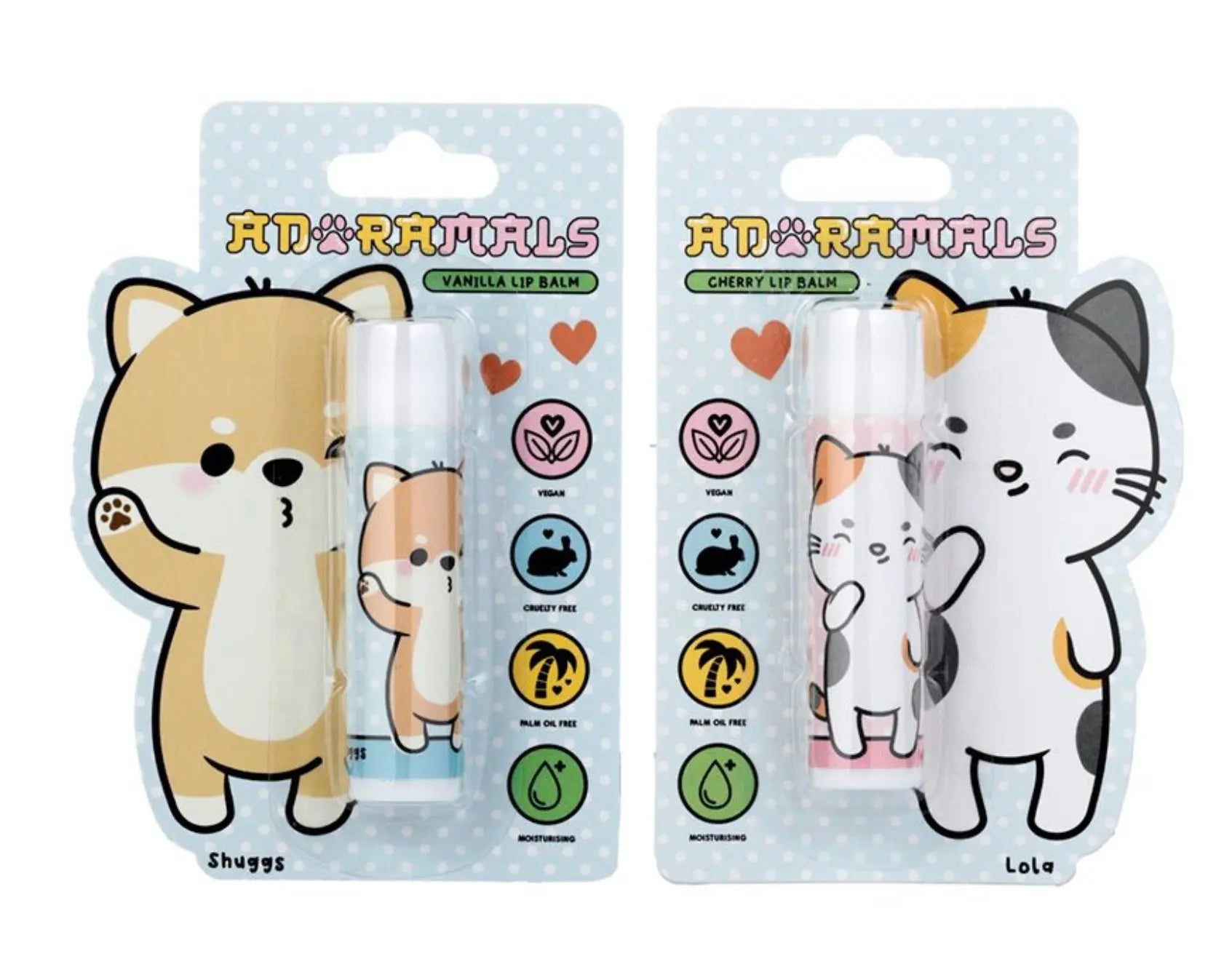 Lola the Cat and Shuggs the Shiba Inu Dog Adoramals Stick Lip Balm - Cherry (Lola) Vanilla (Shuggs) Bitu Gift Shop