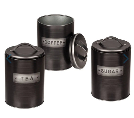 Black, round metal tin Bitu Gift Shop