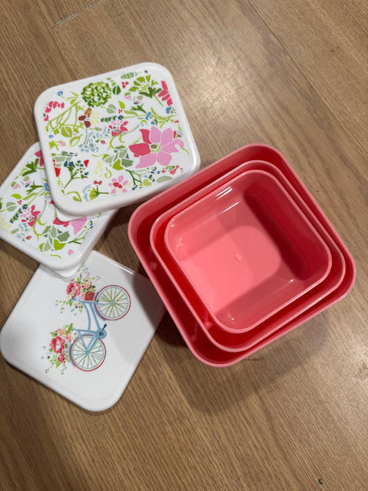 Set of 3 Children’s Lunch Boxes – Pink Botanical Design – M/L/XL Nesting Food Containers