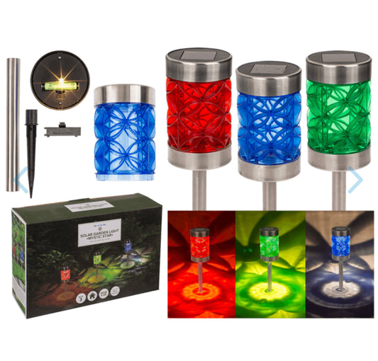 Garden light "Mystic Star", 3 colors ass., solar  cell, LED, approx. 39 x 8 x 8 cm, set/3 in color box