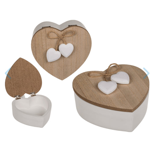 White heart shaped wooden box with wooden