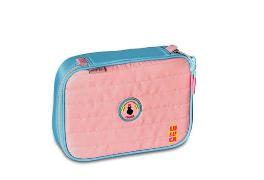 Colorblock Luluca Pencil Case in pink and blue with zip closure and embroidered patch. Stylish storage for school or office supplies.