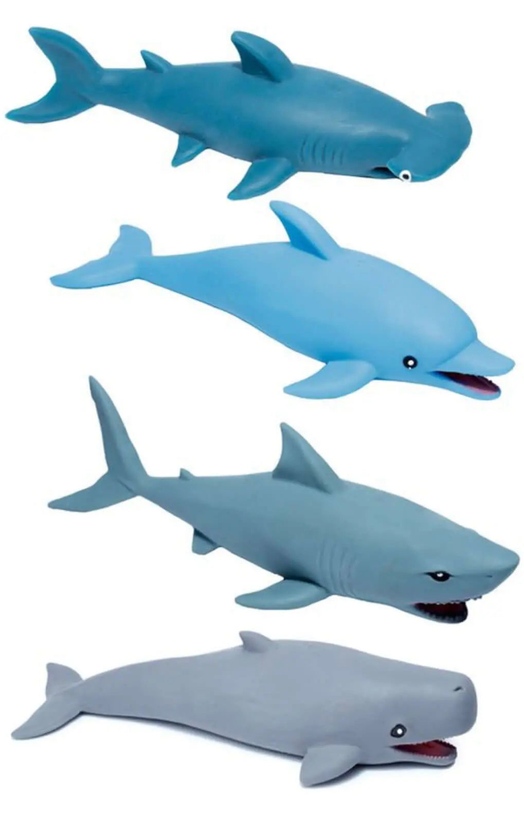Stretchy Sealife Creatures Toy featuring four soft, stretchable ocean animals including a shark, dolphin, and whale for sensory and imaginative play.